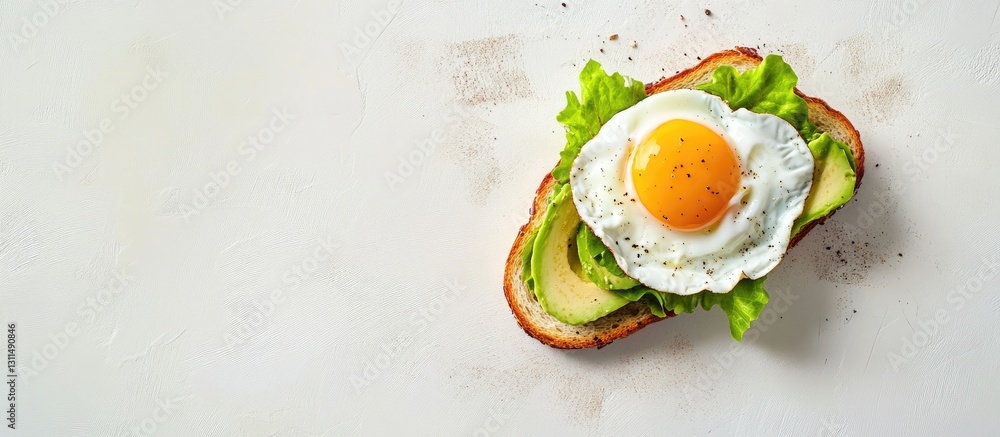 Poster avocado sandwich topped with a poached egg on toasted bread with fresh lettuce against a light textu