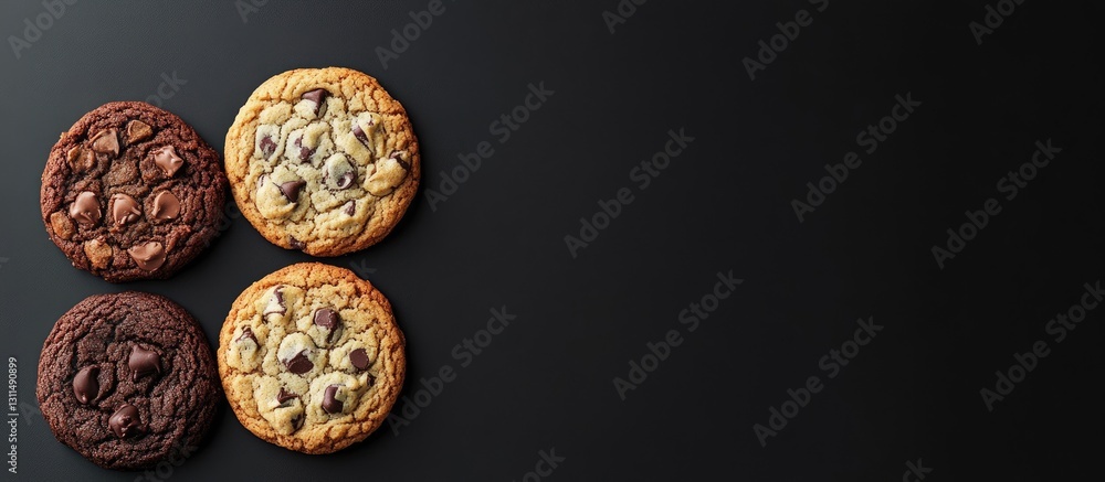 Poster Assorted cookies on a dark surface featuring chocolate chip oatmeal raisin and white chocolate in a triangular arrangement with shadows