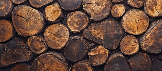 Textured background of round cut logs in warm brown hues arranged in a pattern with ample copy space for text in the center of the image.
