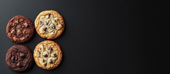 Assorted cookies on a dark surface featuring chocolate chip oatmeal raisin and white chocolate in a triangular arrangement with shadows