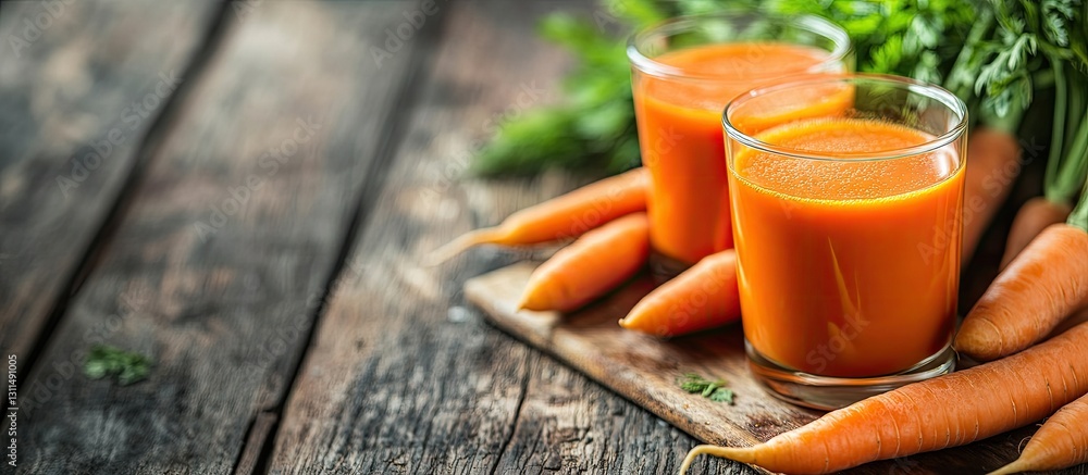 Poster freshly squeezed carrot juice in clear glasses on a rustic wooden table, surrounded by vibrant raw c