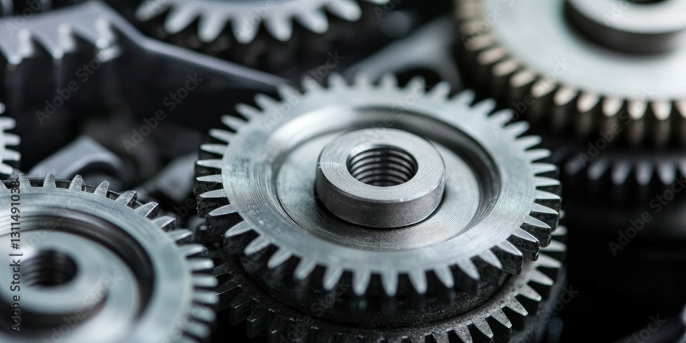 Poster maintenance technical efficiency process concept. close-up of metallic gears and cogs interlocked to