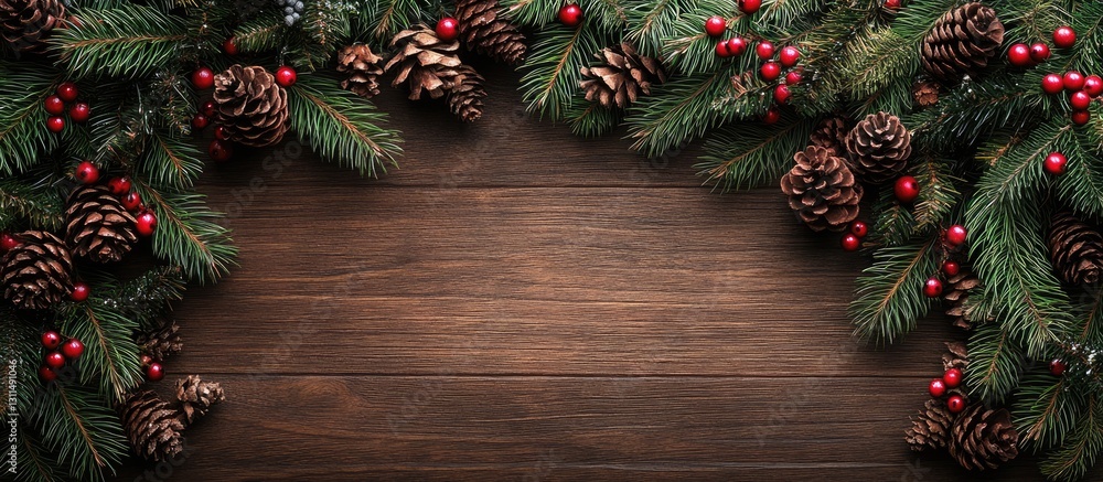 Aufkleber Rustic wooden surface with realistic Christmas tree branches adorned with red berries and pine cones forming a festive border top view.
