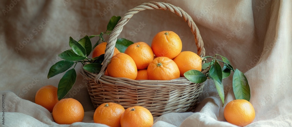 Poster basketholding vibrant tangerines arranged with green leaves against a soft beige artisan tablecloth 