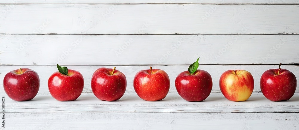 Poster row of shiny red apples with green leaves arranged on a rustic white wooden table creating a natural