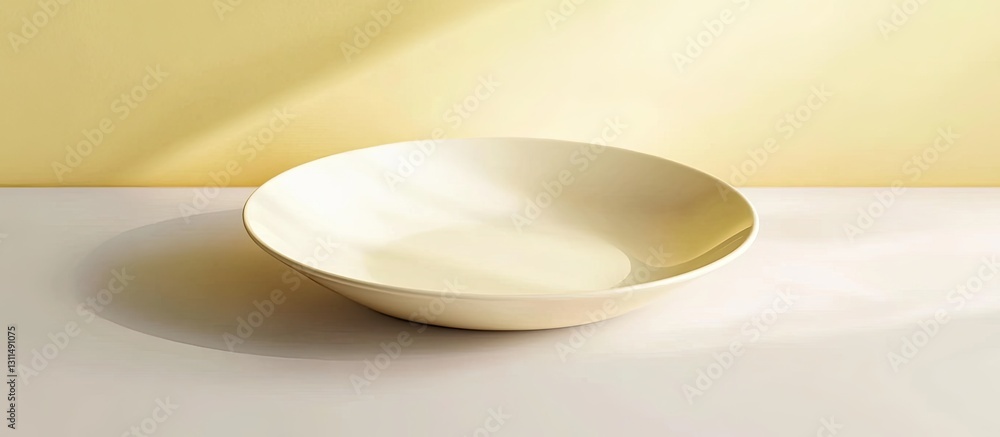 Aufkleber elegant pale ceramic plate centered on a smooth light yellow table, soft shadows create a serene amb