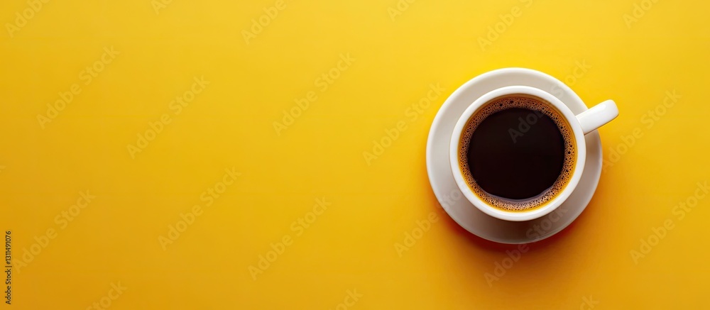 Aufkleber aromatic black coffee in white cup on vibrant yellow background viewed from above with ample space f