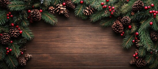 Rustic wooden surface with realistic Christmas tree branches adorned with red berries and pine cones forming a festive border top view.