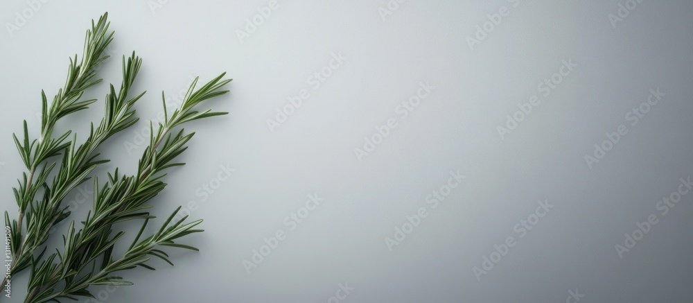 Poster fresh green rosemary sprigs arranged on a soft gray background with subtle shadows highlighting the 