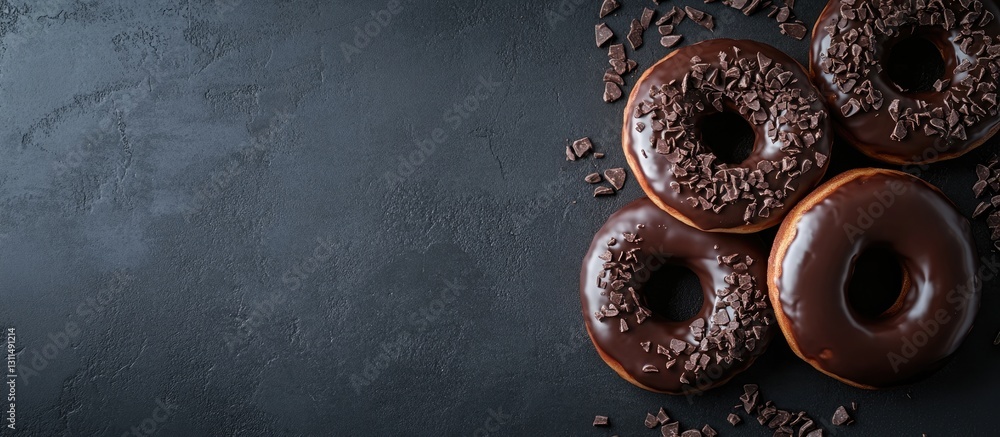 Aufkleber Chocolate frosted donuts with dark chocolate sprinkles arranged on a dark gray textured background with ample space for text on the left.