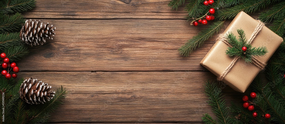 Poster christmas composition with pine branches red berries gift box and pine cones arranged on dark rustic