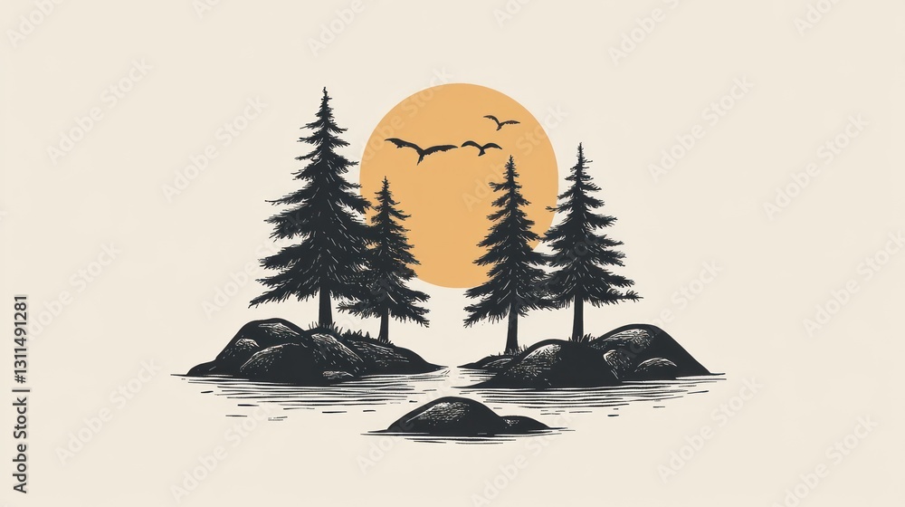 Poster silhouette illustration of trees on islands at sunset. possible use background for a website or app
