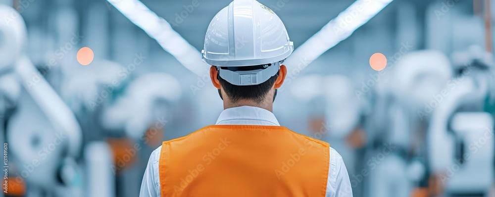 Poster maintenance technical efficiency process concept. industrial worker observing robotic machinery in a