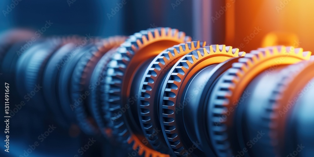 Poster maintenance technical efficiency process concept. close-up of metallic gears in a mechanical assembl