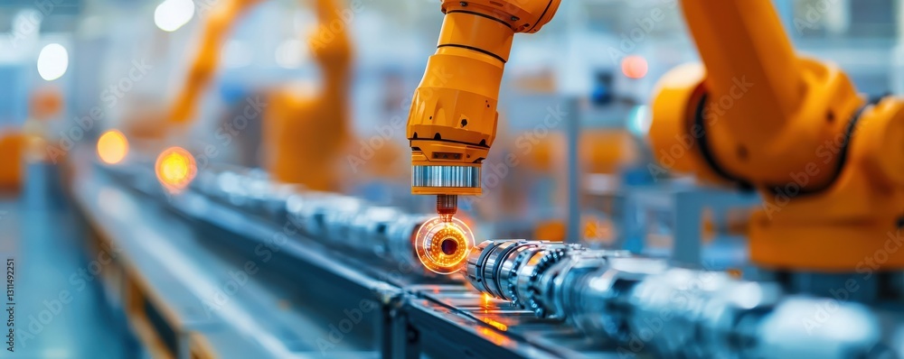 Poster maintenance technical efficiency process concept. industrial robotic arm working on a production lin