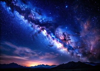 Fototapeta premium Serene Night Sky: Milky Way Galaxy Over Dark Blue Starry Atmosphere