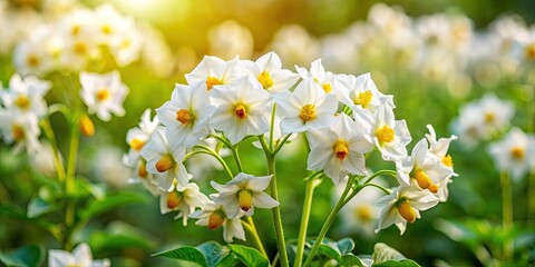 Close-up reveals exquisite white potato flowers, their sunny yellow hearts captivating.