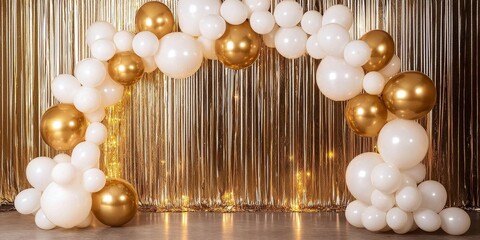 A stunning golden and white balloon arch enhances the celebratory atmosphere.