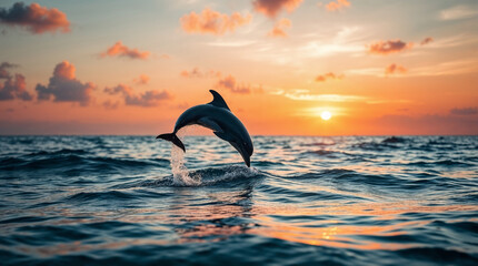 Fototapeta premium single dolphin jumping out of the water at sunset