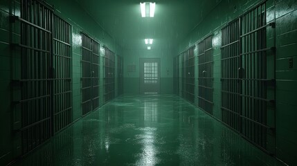 Empty Prison Corridor, Green Cells, Dark Atmosphere