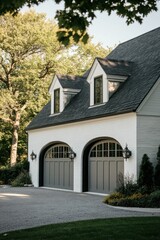A beautifully designed suburban garage featuring dual doors is nestled within a serene, landscaped yard, basking in the warm glow of a bright summer afternoon