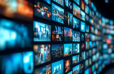 Wall of TVs displays various media content. Different tech screens show diverse images, videos. Perfect for media tech advertising concepts. Modern display wall shows diverse content. Visual display