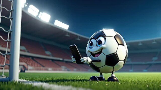 A cute animated soccer ball character amusedly looking at the screen of his smartphone, near the soccer goal in a well-lit stadium. The camera slowly rotates around him, as he watches the live scores