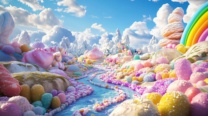  vibrant and whimsical render of a sugary candy land landscape, candy, sweets, rainbow, fantasy, colors, dessert, sugar. 