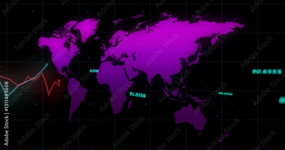 Poster displaying numerical data and graph lines, pink world map on black background