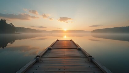 Obraz premium A wooden dock stretching into a tranquil lake at sunrise, with soft golden light reflecting on the water
