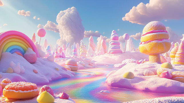  vibrant and whimsical render of a sugary candy land landscape, candy, sweets, rainbow, fantasy, colors, dessert, sugar. 