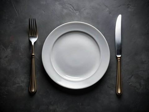 decoration of white plate with knife and fork on blask background - Powered by Adobe