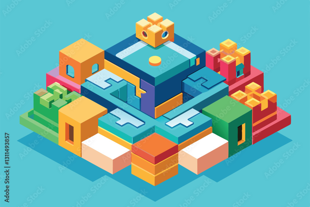 Poster a colorful isometric puzzle design displays various shapes and interactive elements for customizatio