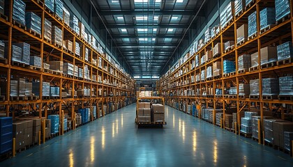 Extensive Warehouse Interior with Rows of Metal Shelving and a Cart