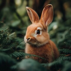 Fototapeta premium Bunny in the Bush: A cute bunny with a charming expression surrounded by the lush leaves. Close-up shot highlighting the bunny's adorable features and peaceful demeanor.