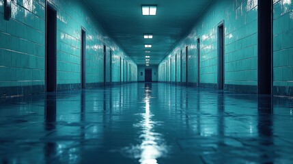Empty teal hospital hallway perspective