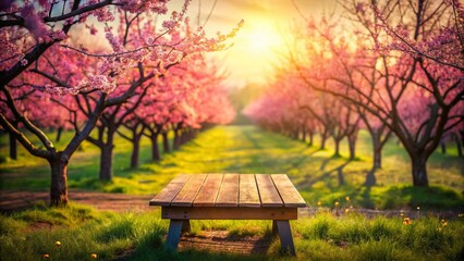 Naklejka premium Serene Plum Orchard: Tilt-Shift Wooden Table Stock Photo