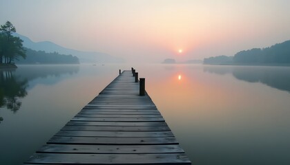 Obraz premium A wooden dock stretching into a tranquil lake at sunrise, with soft golden light reflecting on the water