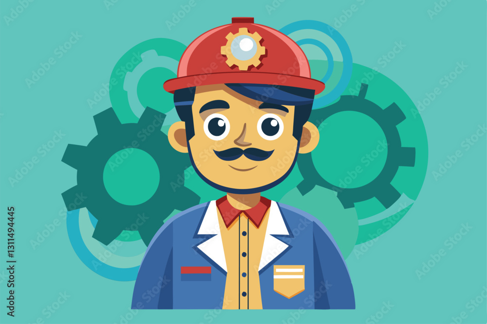 Poster a cheerful qa engineer character is illustrated against a backdrop of colorful gears, showcasing cre