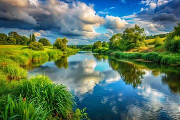 Fototapeta premium Serene River View: Candid Shot of Calm Water and Lush Banks