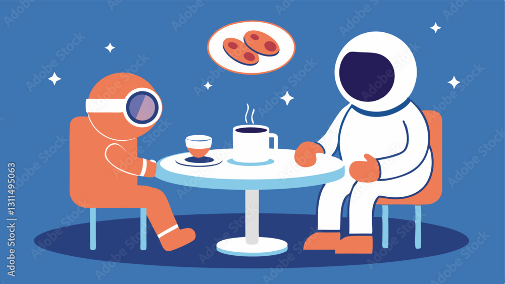 Aufkleber waiting for coffee the astronaut sits at a round café table looking around the shop with a curious e