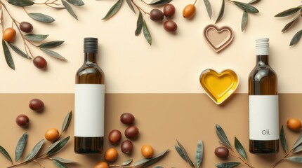 Celebrating Olive Day: Olive oil bottles, olives, leaves, and heart-shaped dish against a two-tone backdrop.