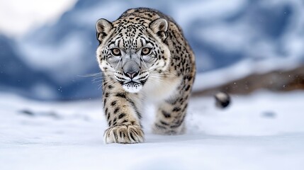 Obraz premium A snow leopard walking through the snow in the snow