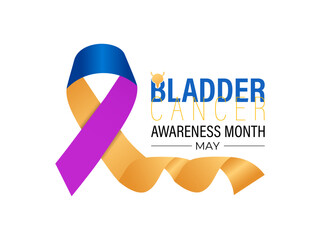 Bladder Cancer Awareness Month is observed every year in May to raise awareness about bladder cancer. Yellow, purple and blue mixed colour cancer awareness Realistic ribbon. Banner design template.