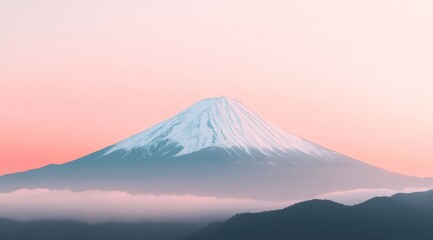 Mount Fuji's Serenity: A majestic snow-capped mountain emerges from a sea of clouds, bathed in the soft glow of dawn. The majestic peak stands tall against a backdrop of a clear, pastel-hued sky.
