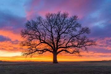 Solitary Sentinel: The Resilient Tree Against a Stunning Sunset, a Symbol of Endurance and Beauty in Nature