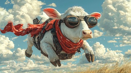 A humorous illustration of a flying cow wearing pilot goggles and a scarf