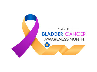 Bladder Cancer Awareness Month is observed every year in May to raise awareness about bladder cancer. Yellow, purple and blue mixed colour cancer awareness Realistic ribbon. Banner design template.