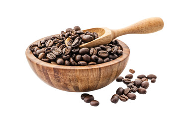Roasted coffee beans in rustic wooden bowl with wooden scoop on transparent background. Some beans scattered around creating natural composition