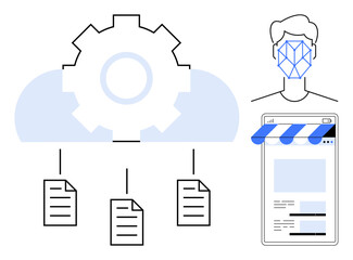 Gear above cloud connecting files to a mobile app with facial recognition. Ideal for technology, cloud computing, data storage, security, facial detection, AI innovation, workflow management. Flat